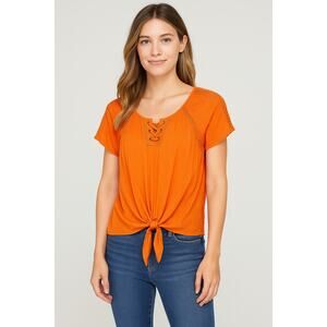Orange Lace-Up Crochet Trim Blouse Tie Front Boho Style